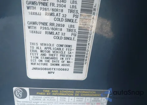 2007 Infiniti Fx35 z USA, uszkodzony, nr VIN JNRAS08U07X100882